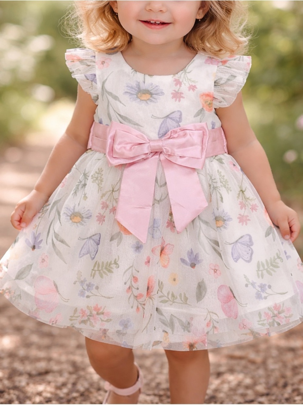Rare Editions Baby Girl Floral Tulle Dress Pink Bow Size 18M Easter Party (1296)